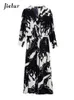 Casual Dresses Jielur V-neck Long Sleeve Autumn Female High-end Elegant Lady Women Black White Print Knee-Length M-4XL 221018
