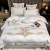 Juegos de cama Color sólido 600TC Algodón egipcio Juego de bordado floral Regalos de boda Funda nórdica Sábana Fundas de almohada de lino 4pcs / L