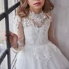 Белые платья с цветочным узором для девочек, детское платье для причастия с длинными рукавами и блестками на пуговицах сзади, детское платье для дня рождения, 326 326
