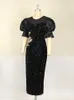 Casual Dresses Sequin Black Velvet Embroidery Chest Wrapped Puff Sleeve Sparkly Dress Classy Ladies Spring Party Celebrity Birthday 4XL 221018