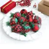 Party Decoration 8/16Pcs Plush Grid Pattern Christmas Ball Ornaments With Natural Pine Cones Leaves Tree Pendant Boxed Balls