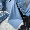 Solid Color Satin Cotton Bedding Set Luxury European Golden Feather Embroidered Blue Disvet Cover Bed Bread Sheet Pillow Shams Home Textiles King Queen Size
