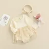 Strampler 0–18 Monate, 2-teiliges Herbst-Outfit für Babys, langärmelig, Rippstrick-Strampler, Blumen-Tutu-Kleid, Stirnband-Set 221018