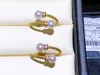 22100504 Diaomondbox Jewelry Ring 5.5-6mm Aka Pearl Yellow Gold Plated Sterling Sier Adjustable Double Balls Curve Open Rhinestone Zircronia Girl