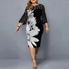 Casual Dresses Sexig Women Formal Dress O Neck Digital Floral Print 3/4 Mesh Sleeve Elegant BodyCon f￶r cocktailparty Bankett