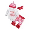 Ensembles de vêtements pour bébés filles, costume de saint-valentin, col rond, manches longues, imprimé cœur, barboteuse, pantalon, ensemble 4 pièces, printemps automne