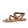 Yaz kadın sandalet tatlı boho inci dekorasyon deri daireler artı boyutu plaj kum tatil ayakkabıları Zapatos 220315