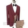 Men's Suits Custom Made Man Groom Marriage Wedding Suit Burgundy Blazer Plaid Vest Pants 3 Pieces Formal Business Men Prom Party Tuxedo