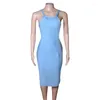 Robes décontractées Robe de bandage irrégulière Sangle de mode sans manches Midi Femme Bodycon Celebrity Soirée Bleu Femme Robes Sexi