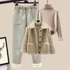 Women's Two Piece Pants Woman Warm Three Set Female Fashion Loose Sweater Lamb Wool Coats And Suit Ladies Casual Tracksuit Suits G393