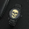 Armbanduhren Schwarz Gold Zifferblatt Quarzuhr Männer 3D Muster Edelstahl Steampunk Rock Graviert Cool Mexiko Mann Männlich Reloj