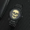 Orologi da polso Quadrante in oro nero Orologio al quarzo Uomo Modello 3D Acciaio inossidabile Steampunk Rock Inciso Cool Mexico Uomo Uomo Reloj