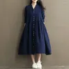 Günlük elbiseler kadınlar gevşek fit pamuk keten orta buzağı uzun elbise tek göğüslü vintage batwing kolu düz renkli vestidos