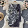 Casual Dresses LY VAREY LIN Spring Autumn Party Short Dress Women Sexy High Waist Sequins Patchwork Velvet Slim Long Sleeve