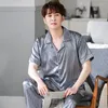 Men's Sleepwear Men's Brand Spring Summer 2 Piece Sets For Men Silk Satin Pajamas Turn-down Collar Homewear Big Yards Pijama Pyjama