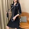 Casual Dresses Dress 2022 Early Spring Style Hepburn Korean-style Graceful Three-quarter-length Sleeve Peter Contrast Waisted Elegant