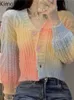 Women's Sweaters Kimotimo Rainbow Tie Dye Sweater Cardigan Women Autumn Short Loose V Neck Knitted Coat Korean Chic Design Retro Y2k Cardigans J220915