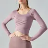 lu-399 Yoga Top Long Sleeve Cross Pleated Body-building Gym Clothes for Women Slim Sports Shirt Removable Bra