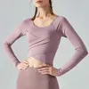 lu-399 Haut de Yoga à manches longues, vêtements de gymnastique plissés croisés pour femmes, chemise de sport Slim, soutien-gorge amovible