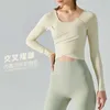 lu-399 Haut de Yoga à manches longues, vêtements de gymnastique plissés croisés pour femmes, chemise de sport Slim, soutien-gorge amovible