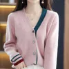 Women's Knits Contrast Color V-neck Cashmere Cardigan Women's 100 Pure Wool Color-blocking Loose Thickened Knitted Jacket