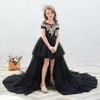 Flickaklänningar Boho Tiered Black Flower for Weddings Children Pageant Gowns Lace and Tulle Kids Beach Wedding