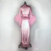 Wraps Pink 2022 Feather Women Robe Long Sleeve Sexy Nightgown Deep V Neck Ruffles Sleepwear Bathrobe Pajamas Prom Bridesmaid Shawel