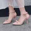 Sandaler Summer Bow High Heel Women's Stiletto med 8,5 cm spetsig rosa högklackade grunt mun små storlek modeskor