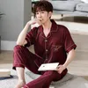 Men's Sleepwear Men's Brand Spring Summer 2 Piece Sets For Men Silk Satin Pajamas Turn-down Collar Homewear Big Yards Pijama Pyjama