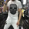 Men's T Shirts Classic Skull Design Rhinestone Pattern Men's T-Shirt Shiny Glow Short Sleeve Street Top