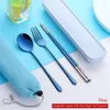 Conjuntos de utensílios de jantar 5pcs Conjunto de talheres portáteis de aço inoxidável Cosqueiros de colher de aço de aço com gaiolas de talheres práticos do aluno