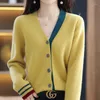 Women's Knits Contrast Color V-neck Cashmere Cardigan Women's 100 Pure Wool Color-blocking Loose Thickened Knitted Jacket
