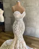 2023 아프리카 인어 웨딩 드레스 샴페인 스파게티 스트랩 환상 흰색 레이스 아플리케 소매 신부 드레스 신부 가운 플러스 사이즈 스윕 열차