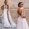 Robe de mariée sexy robes de plage Boho col en V profond dos nu haute fente une ligne dentelle appliques ivoire tulle robes de mariée robe de mariée