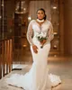 Plus Size Arabic Aso Ebi Sheer Neck Mermaid Wedding Dress Long Sleeves Sexy Bridal Gowns Dresses Custom Made