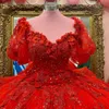 Sweety Quinceanera Dresses Puffy Short Sleeve Sweet 15 Gown Red Color 3D Flower Sequin Vestidos de XV anos