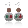 S3272 Christmas Dangle Earrings For Women Round PU Leather Christmas Tree Letters Wood Earrings