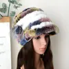 Visors Damen-Winter-Rex-Pelz mit seitlicher Blume, Strickmütze, verdickt, warm, lässig, große Krempe, Schirmmütze