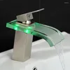 Bathroom Sink Faucets Basin Faucet Waterfall LED Glass Brass Mixer Tap Deck Mounted LH-16802