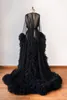Wraps Black Illusion Ruffles Tulle Long Sleeve Women Winter Sexy Kimono Pregnant Party Sleepwear Bathrobe Sheer Nightgown Robe