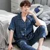 Men's Sleepwear Men's Brand Spring Summer 2 Piece Sets For Men Silk Satin Pajamas Turn-down Collar Homewear Big Yards Pijama Pyjama