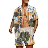 Mannen Trainingspakken Hawaiiaanse Stijl Pak Heren Casual Losse Strandkleding Bladprint Korte Mouw Shorts Zomer Tweedelige Set