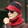 Berets Men Winter Cap Scarf Set Warm Crochet Knit Braided Woolen Skull Hat Ski