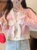 Pulls pour femmes Kimotimo Plaid Couture Noeud Tricoté Cardigan Femmes Automne Col En V À Manches Longues Pull Manteau Coréen Chic Doux Kawaii Court Tops J220915