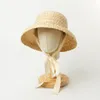 Chapeaux d'été en raphia pour filles, avec Long ruban, chapeau de plage plat pour enfants, seau en paille UV, accessoires Panama, vente en gros