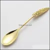 Spoons Gold Plating Ladle Coconut Trees Leaf Branch Plant Spoon Metal Carving Spoons Kitchen Accessories Coffe Dessert 2 2Sd C2 Drop Dhyvq