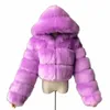 Casacos sintéticos curtos peludos de alta qualidade de pele feminina, jaquetas femininas fofas com capuz de inverno Fourrure Manteau Femme JH137