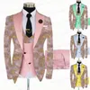 Ternos masculinos 2022 Men Floral Impressa Men, traje de casamento de 3 peças Slim Fit Groom Groom Shiny Blazer Blazer Double Bastten Colet Pants