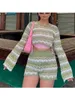 Women's Tracksuits Women Two-Piece Crochet Knit Outfits Hollow Out Long Sleeve Round Neck Pullover Crop Tops High Rise Shorts Beach Party