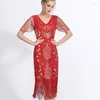 Abbigliamento da palcoscenico Abito con paillettes rosse Abito vintage anni '20 Abiti Gatsby con scollo a V Nappa Costumi da sera latini Abito da donna Costume